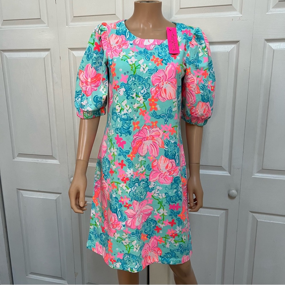 Lilly Pulitzer Cayce Puff Sleeve Dress Size Medium Surf Blue Luscious Lions